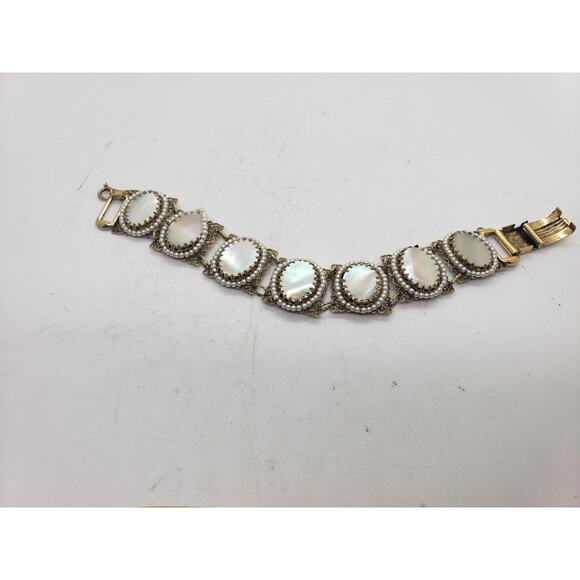 Vintage Filigree Bracelet Mother of Pearl MOP & Faux Pearl Accent Ornate - Picture 7 of 13